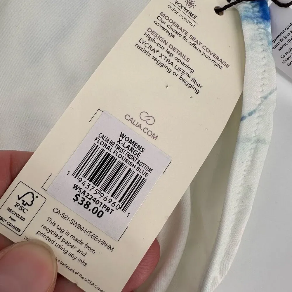 NWT CALIA XL High Waisted Twist Front Swim‎ Bottoms Tummy Control Blue White